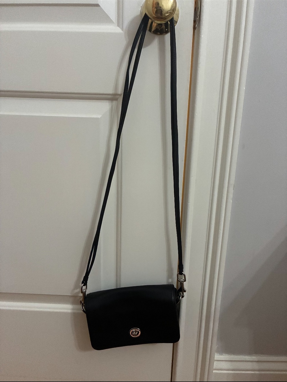 Coach Black Leather Crossbody Bag with Silver Turn-Lock